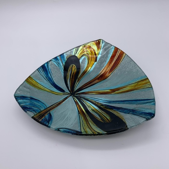 Metallic Quadrifoglio Art Glass Shallow Triangular Trinket Bowl Dish - Picture 10 of 11